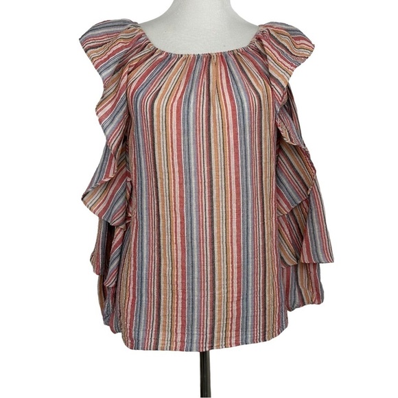 Drew Womens Mish Stripe Cold Shoulder Top Sz Multicolor Long Ruffle Sleeve - Picture 1 of 9